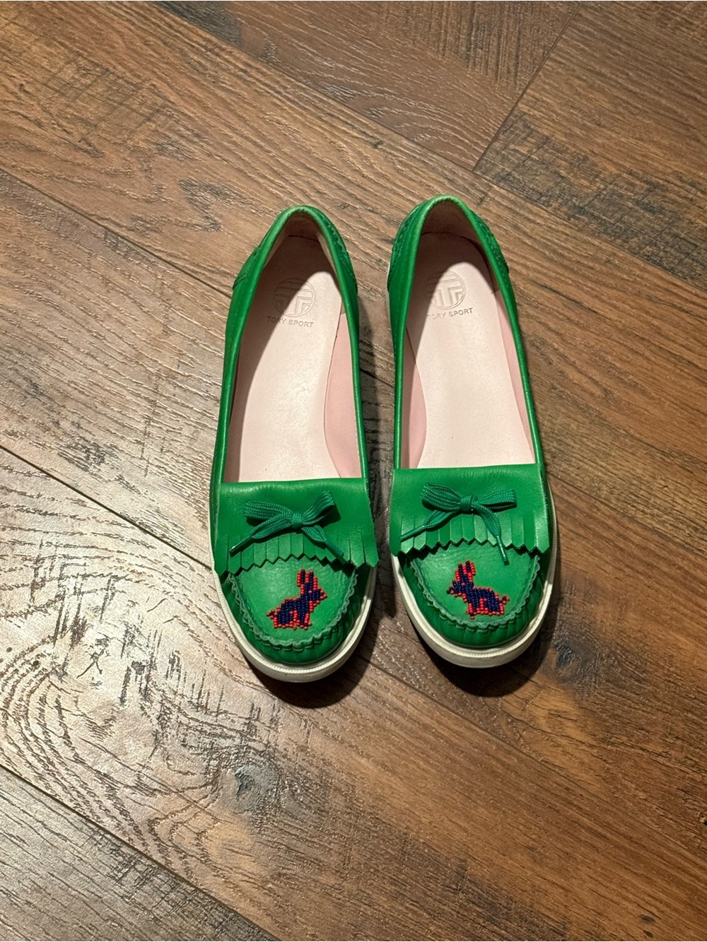Tory Burch Green Leather Loafers with Embroidered Rabbits